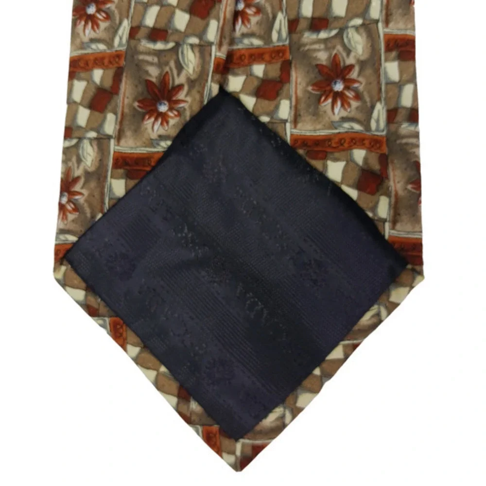 Vintage Escada Silk Neck Tie Made in Italy Brown Floral Geometric‎ 70s Designer